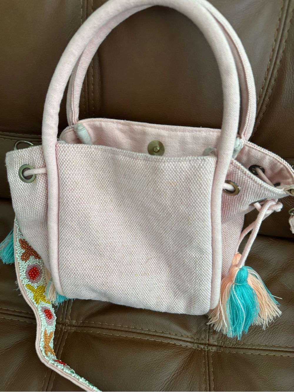 America & Beyond Pink Beaded Floral Crossbody Tote - Multi-Color Embroidery - Picture 3 of 4
